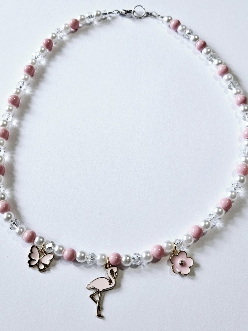 Delicate Pink Pearl & Crystal Charm Necklace with Flamingo